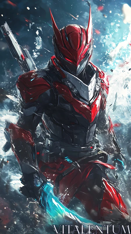 Armored sci fi warrior advances through turbulent water