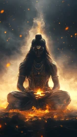 Flame crowned yogi distills quiet thunder from molten stillness