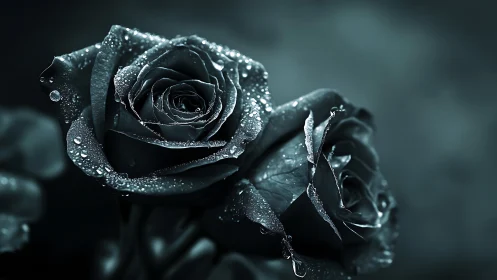 Black Rose with Crystalline Frost and Dew Droplets
