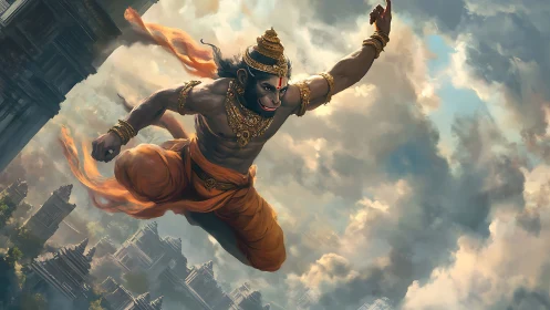 Hanuman-like warrior leaping over ancient stone cityscape.