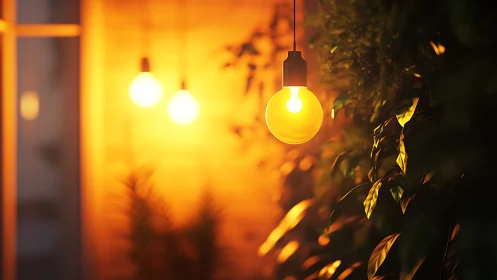 Warm hanging light bulbs over indoor green plants at night.