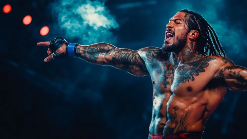 Tattooed combat athlete under arena lights, arms extended.