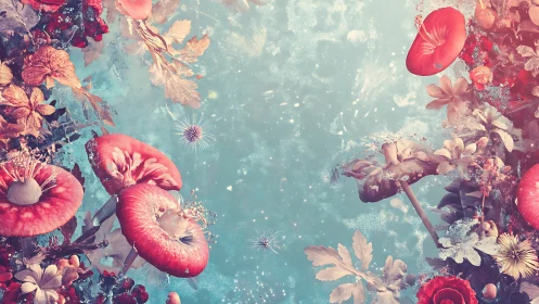 Surreal coral florals framing ethereal turquoise space.