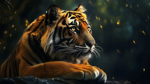 Midnight ember tiger lounges in a hush of drifting sparks
