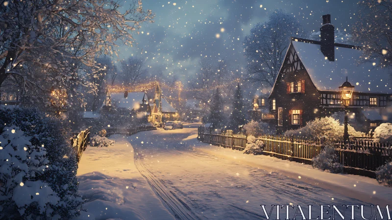 Snowlit village lane humming with lanterns and quiet wonder.