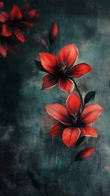 Red Flowers with Dark Stems Against Teal Textured Background.