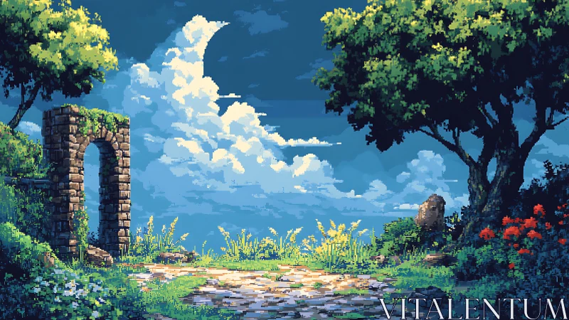 Stone arch stands beside bright pixel forest clearing