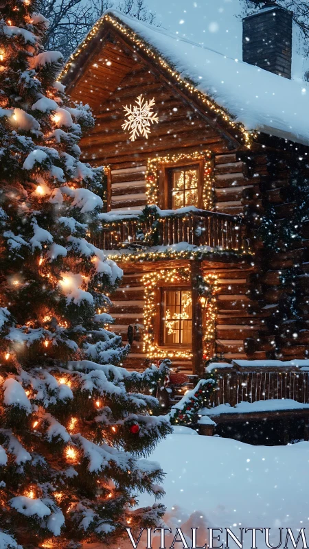 Snowlit log cabin and glowing Christmas fir at dusk.