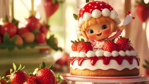 Strawberry-Adorned Animated Character Figure atop Multilayered Cake Construct