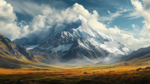 Snowcapped mountain peak over wide autumn valley landscape.