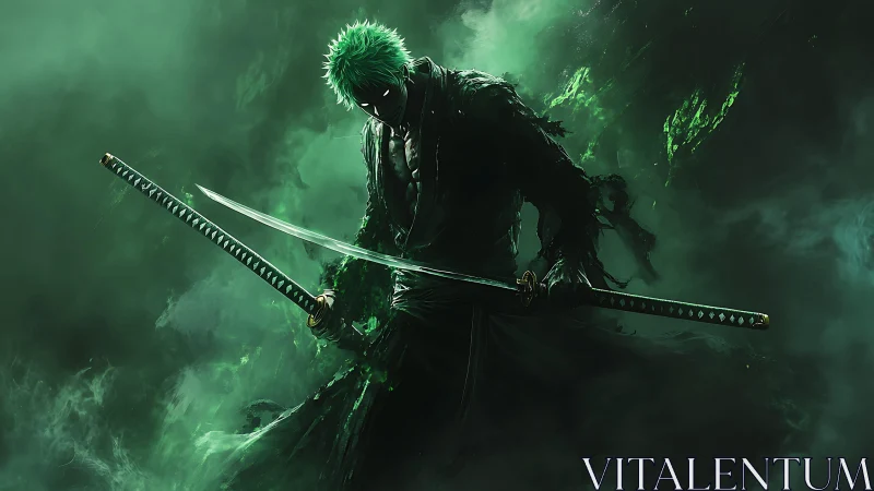 Green haired dual katana swordsman in dense green mist.