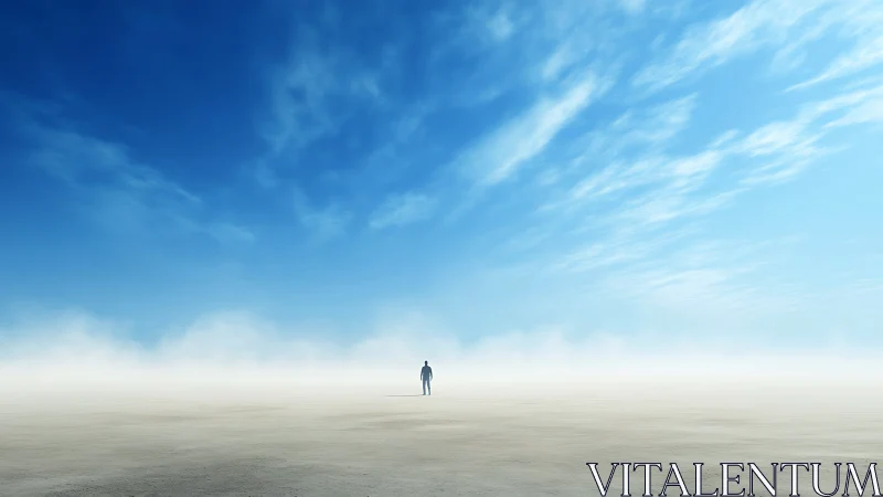 Solitary human figure in vast high-key desert under stratified sky