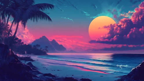 Neon tropical shoreline glows beneath oversized pastel sun
