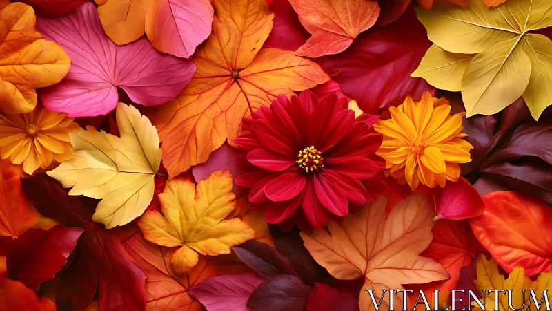 Autumn leaves and flowers arranged in vivid warm colors.
