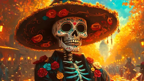 Calavera in bloom leads a golden D&iacute;a de Muertos parade.