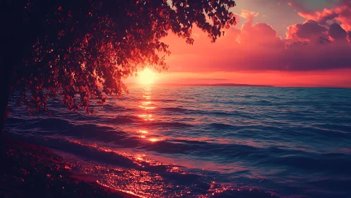 Glowing seaside sunset welcomes gentle waves and soft shade