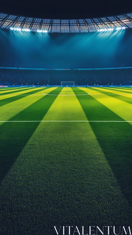 Floodlit football pitch with dramatic striped turf patterns.