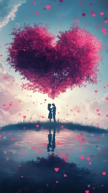 Couple beneath heart-shaped tree with pink petals falling.
