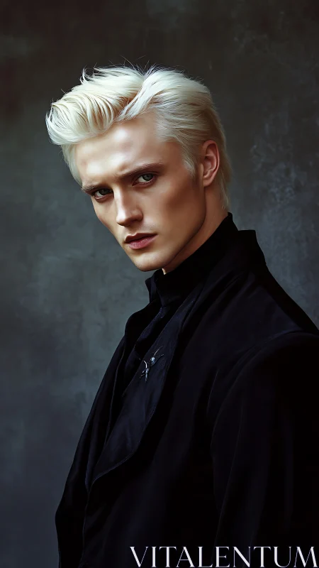 Sharp portrait of stern blond man in dark formal coat.