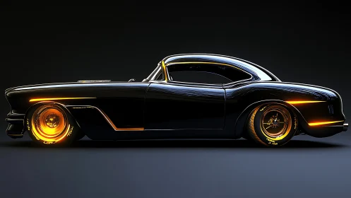 Sleek retro coupe with neon-orange glow on dark stage.