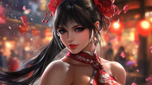 Digital portrait of woman in red qipao amid lantern festival