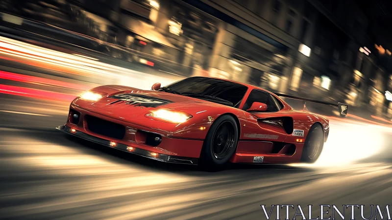 Red race car powers through blurred nighttime city street
