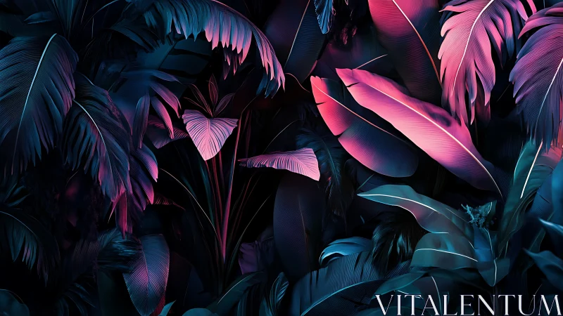 Midnight jungle leaves glow softly in neon pink and blue