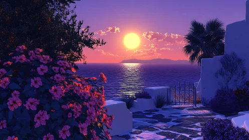 Digital painting of Mediterranean seaside terrace at violet sunset.
