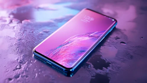 Neon tidal smartphone dreaming on liquid lavender glass.