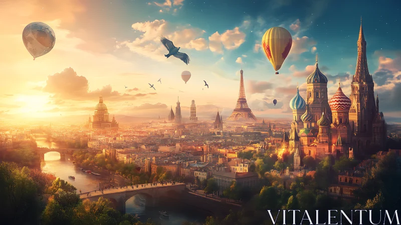 Dreamy city skyline welcomes soaring balloons and towers