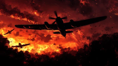 Military Aircraft in Aerial Combat Scene With Fire