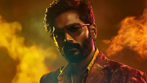 Velvet-shadowed icon smolders through molten amber haze