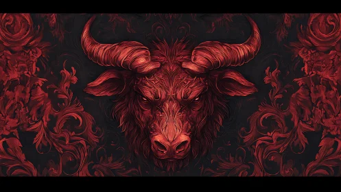 Fiery red bull emerges with swirling ornamental strength