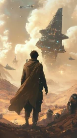 Figure on desert ridge observing large sci-fi starships.