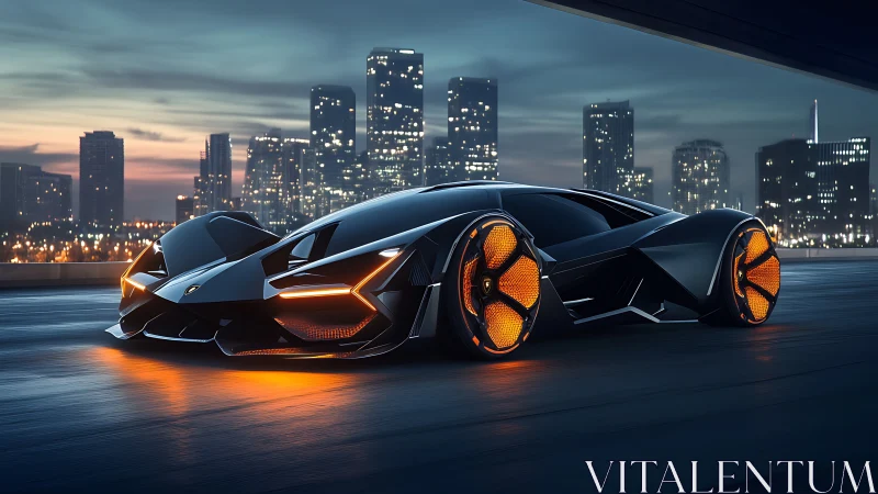 Low-slung electric hypercar with illuminated aero wheels on dusk highway