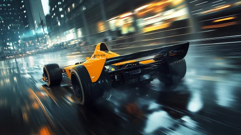 Sleek orange race car storms through neon soaked city streets