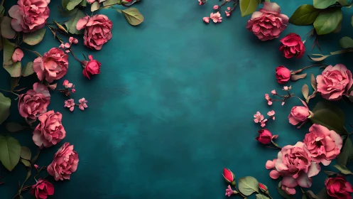 Pink Camellia Arrangement on Teal Surface Composition.