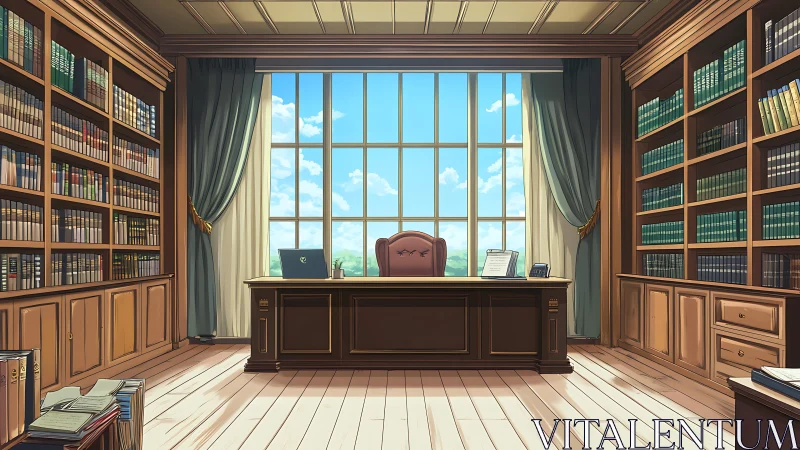 Orderly private library office with central windowed wall.