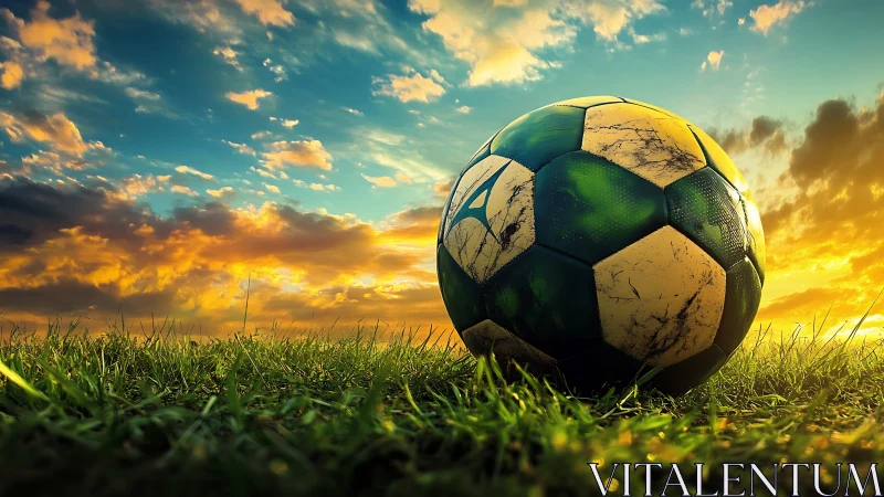 Soccer ball rests on grass under vivid sunset sky.