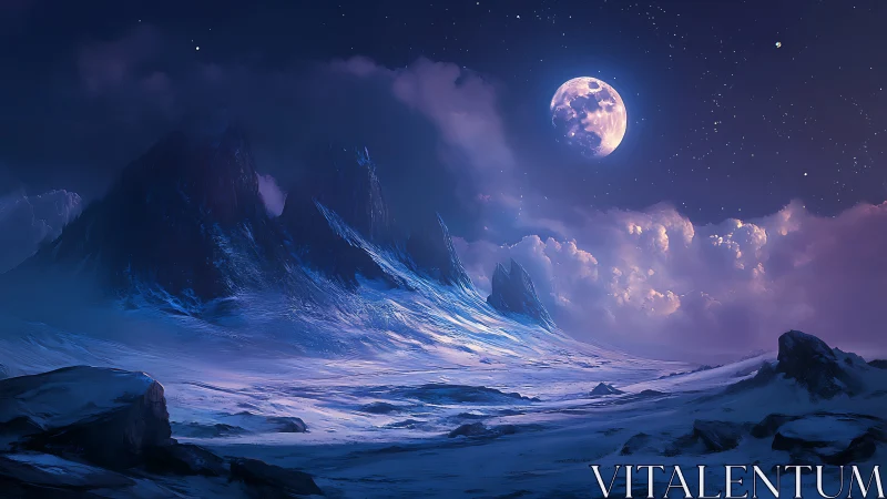 Frozen alien peaks under luminous violet moonlit sky.