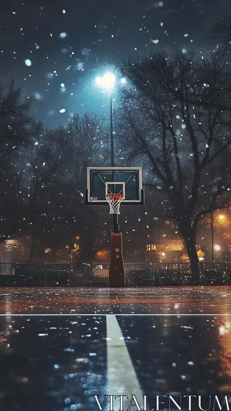 Nocturnal urban court under snowfall and sodium-vapor glow.