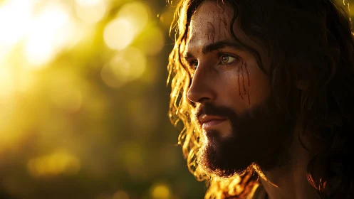 Backlit bearded man in contemplative profile under golden light