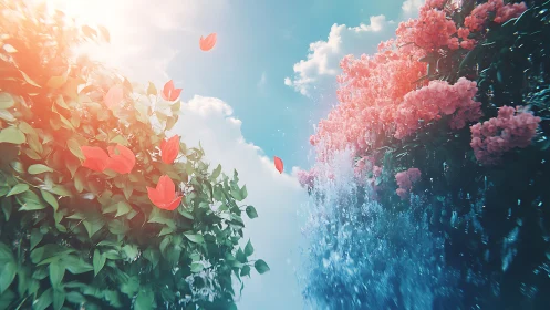Digital render of oversized pink flowering plants against bright sky