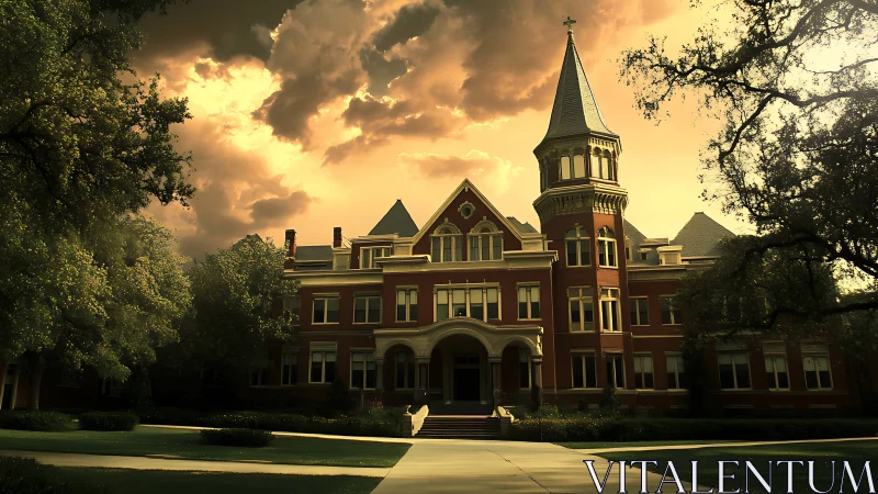 Gothic revival campus hall under dramatic golden sky.