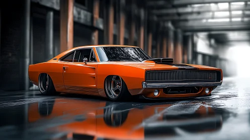 Low-slung orange muscle car render shows extreme widebody stance
