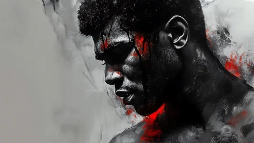 High-Contrast Portrait with Crimson Accents and Monochromatic Rendering.