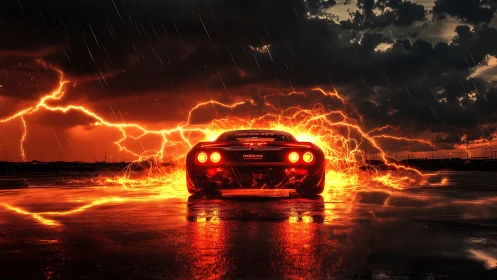 Sports car surrounded by fiery lightning on wet track.