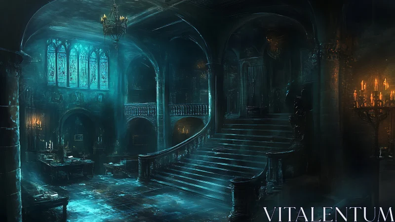 Gothic mansion hall under eerie teal moonlit glow.