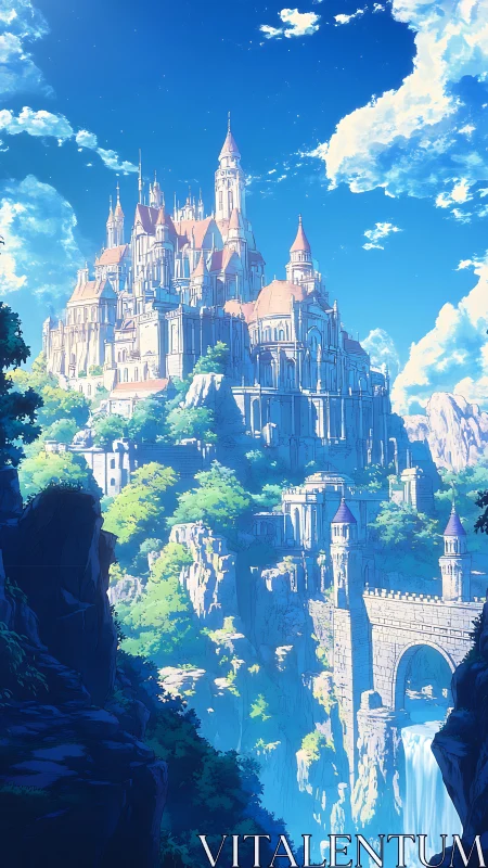 Sunlit cliffside fantasy castle rises above waterfall gorge