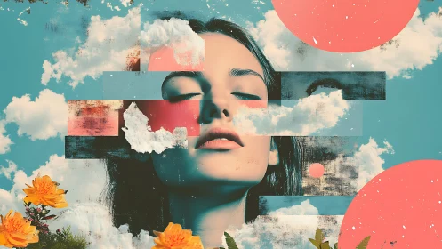Surreal portrait with clouds, flowers and geometric forms.